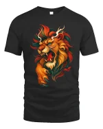 Roaring Lion Artistic Fire Mane Illustration Graphic T Shirt - black t-shirt on white background