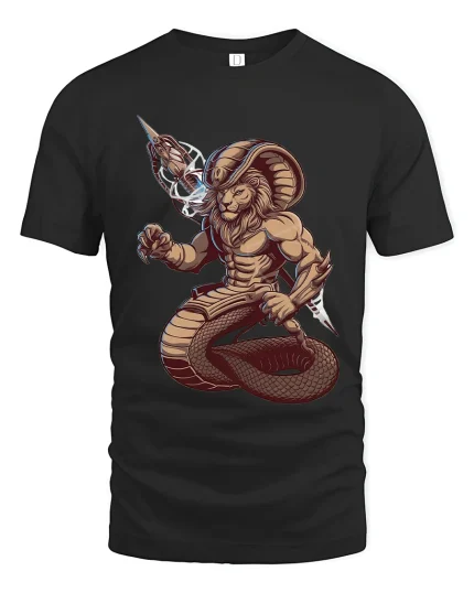 Lion Cobra Warrior Mythic Power Illustration Graphic T Shirt - black t-shirt on white background