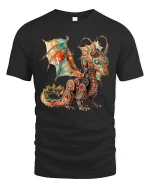 Steampunk Mechanical Dragon Fantasy Illustration Graphic T Shirt - black t-shirt on white background