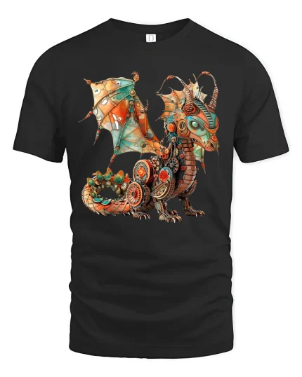Steampunk Mechanical Dragon Fantasy Illustration Graphic T Shirt - black t-shirt on white background
