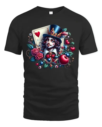 Whimsical Card Magician Hearts Fantasy Art Graphic T Shirt - black t-shirt on white background