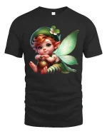 Cute Fairy Leprechaun Illustration Graphic T Shirt - black t-shirt on white background