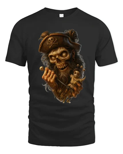 Dark Pirate Skull Voodoo Doll Fantasy Horror Graphic T Shirt - black t-shirt on white background