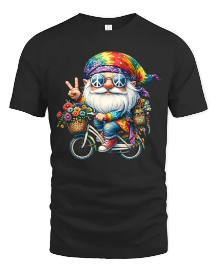 Peace Loving Hippie Gnome Bicycle Fantasy Art Graphic T Shirt - black t-shirt on white background
