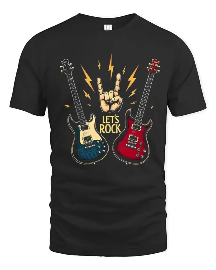 Lets Rock Electric Guitar Hand Sign Music Lover Graphic T Shirt - black t-shirt on white background