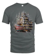 Steampunk Fantasy Ship Castle Adventure Art Graphic T Shirt - gray t-shirt on white background