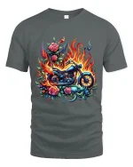 Flaming Motorcycle Rose Art Biker Fantasy Illustration T Shirt - gray t-shirt on white background