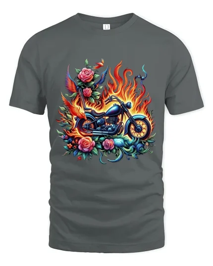 Flaming Motorcycle Rose Art Biker Fantasy Illustration T Shirt - gray t-shirt on white background