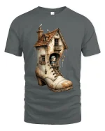 Whimsical Boot House Fairy Tale Fantasy Illustration T Shirt - gray t-shirt on white background