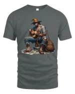 Wandering Guitar Player Street Music Illustration Graphic T Shirt - gray t-shirt on white background