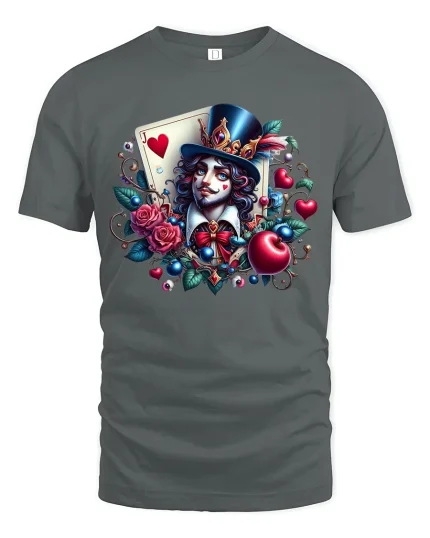 Whimsical Card Magician Hearts Fantasy Art Graphic T Shirt - gray t-shirt on white background