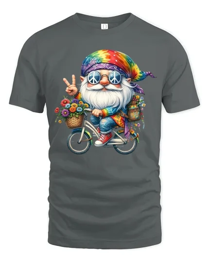 Peace Loving Hippie Gnome Bicycle Fantasy Art Graphic T Shirt - gray t-shirt on white background