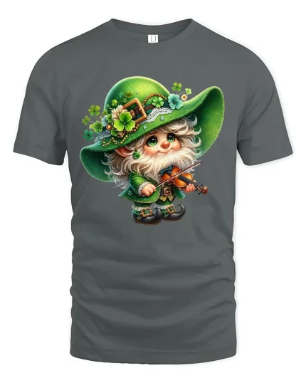 Cute Irish Gnome Fiddle Player St Patricks Day Graphic T Shirt - gray t-shirt on white background