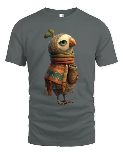 Cozy Winter Bird Illustration Artistic Whimsical Graphic T Shirt - gray t-shirt on white background