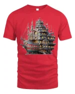 Steampunk Fantasy Ship Castle Adventure Art Graphic T Shirt - red t-shirt on white background