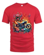 Flaming Motorcycle Rose Art Biker Fantasy Illustration T Shirt - red t-shirt on white background