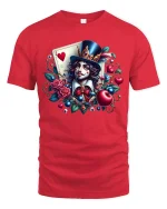 Whimsical Card Magician Hearts Fantasy Art Graphic T Shirt - red t-shirt on white background