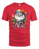 Peace Loving Hippie Gnome Bicycle Fantasy Art Graphic T Shirt - red t-shirt on white background