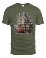 Steampunk Fantasy Ship Castle Adventure Art Graphic T Shirt - military green t-shirt on white background