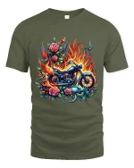Flaming Motorcycle Rose Art Biker Fantasy Illustration T Shirt - military green t-shirt on white background