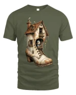 Whimsical Boot House Fairy Tale Fantasy Illustration T Shirt - military green t-shirt on white background