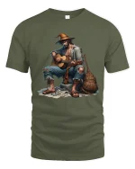 Wandering Guitar Player Street Music Illustration Graphic T Shirt - military green t-shirt on white background