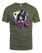 Whimsical Card Magician Hearts Fantasy Art Graphic T Shirt - military green t-shirt on white background