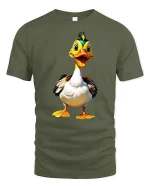 Funny Happy Cartoon Duck Illustration Graphic T Shirt - military green t-shirt on white background