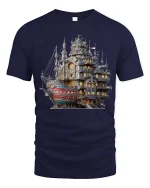 Steampunk Fantasy Ship Castle Adventure Art Graphic T Shirt - navy t-shirt on white background