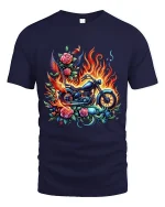 Flaming Motorcycle Rose Art Biker Fantasy Illustration T Shirt - navy t-shirt on white background