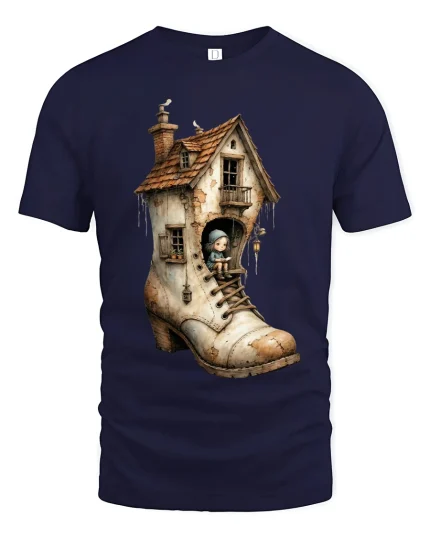 Whimsical Boot House Fairy Tale Fantasy Illustration T Shirt - navy t-shirt on white background