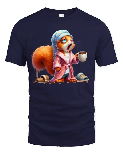Sleepy Coffee Squirrel Morning Mood Funny Illustration T Shirt - navy t-shirt on white background