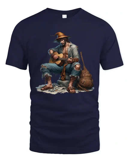 Wandering Guitar Player Street Music Illustration Graphic T Shirt - navy t-shirt on white background