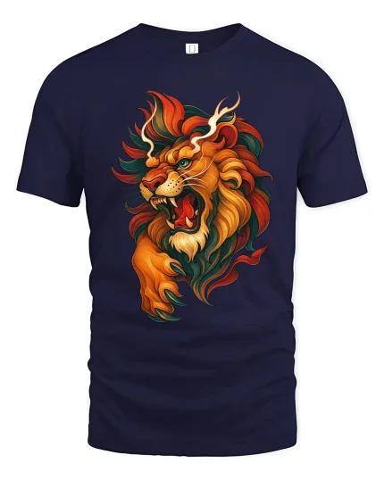 Roaring Lion Artistic Fire Mane Illustration Graphic T Shirt - navy t-shirt on white background