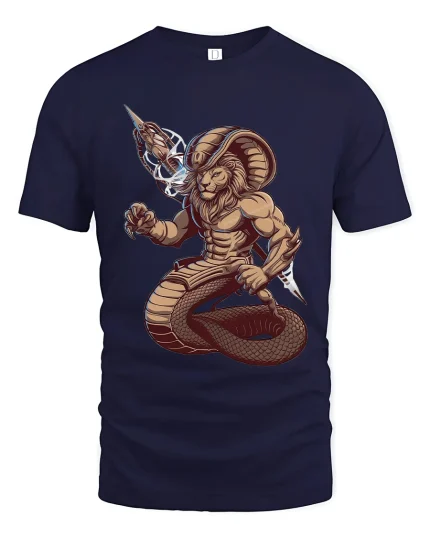Lion Cobra Warrior Mythic Power Illustration Graphic T Shirt - navy t-shirt on white background