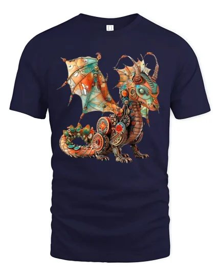 Steampunk Mechanical Dragon Fantasy Illustration Graphic T Shirt - navy t-shirt on white background