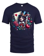 Whimsical Card Magician Hearts Fantasy Art Graphic T Shirt - navy t-shirt on white background