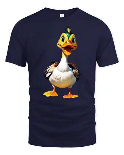 Funny Happy Cartoon Duck Illustration Graphic T Shirt - navy t-shirt on white background