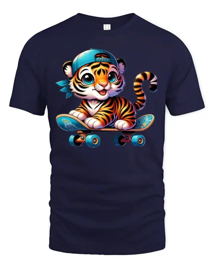 Cute Skateboarding Tiger Cartoon Graphic T Shirt Street Style - navy t-shirt on white background