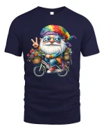 Peace Loving Hippie Gnome Bicycle Fantasy Art Graphic T Shirt - navy t-shirt on white background
