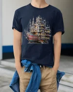 Steampunk Fantasy Ship Castle Adventure Art Graphic T Shirt - model wearing navy tee with hands in pockets