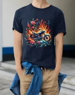 Flaming Motorcycle Rose Art Biker Fantasy Illustration T Shirt - model wearing navy tee with hands in pockets