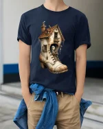 Whimsical Boot House Fairy Tale Fantasy Illustration T Shirt - model wearing navy tee with hands in pockets
