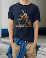 Wandering Guitar Player Street Music Illustration Graphic T Shirt - model wearing navy tee with hands in pockets