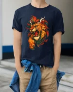 Roaring Lion Artistic Fire Mane Illustration Graphic T Shirt - model wearing navy tee with hands in pockets