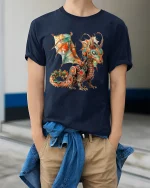 Steampunk Mechanical Dragon Fantasy Illustration Graphic T Shirt - model wearing navy tee with hands in pockets