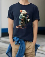 Gentleman Mouse Vintage Illustration Graphic T Shirt - model wearing navy tee with hands in pockets