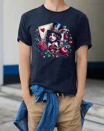 Whimsical Card Magician Hearts Fantasy Art Graphic T Shirt - model wearing navy tee with hands in pockets