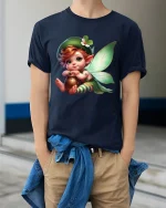 Cute Fairy Leprechaun Illustration Graphic T Shirt - model wearing navy tee with hands in pockets
