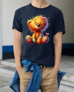 Cute Patchwork Teddy Bear Illustration Graphic T Shirt - model wearing navy tee with hands in pockets